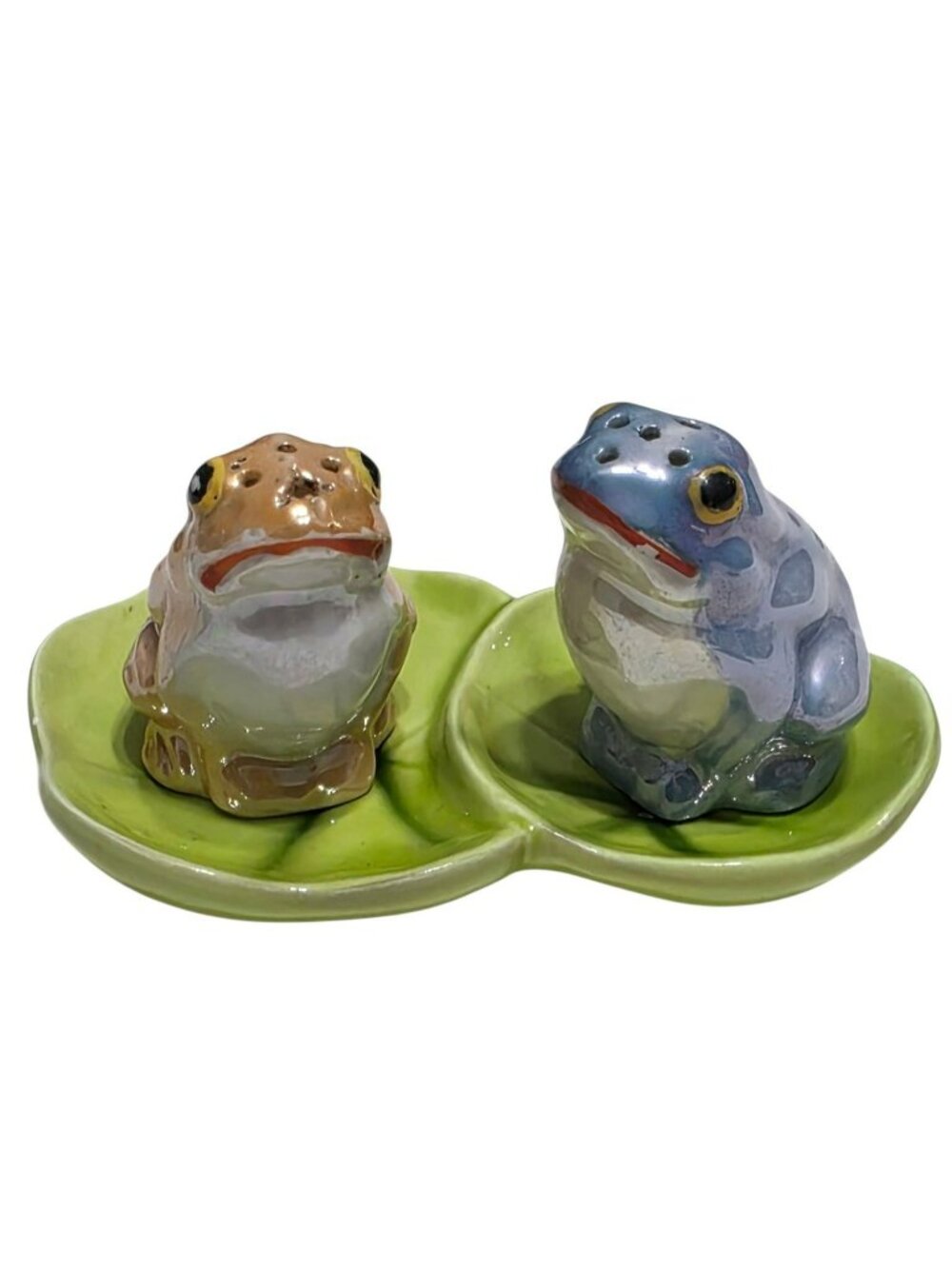 Vintage Frog Salt & Pepper Shakers Lily Pad Tray Toad Ceramic Japan George Good